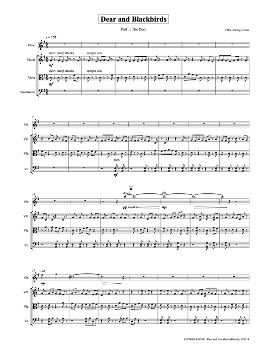 Chamber (4 players, quartet, dance): Dear and Blackbirds (Oboe, Violin, Viola, Cello PDF edition)